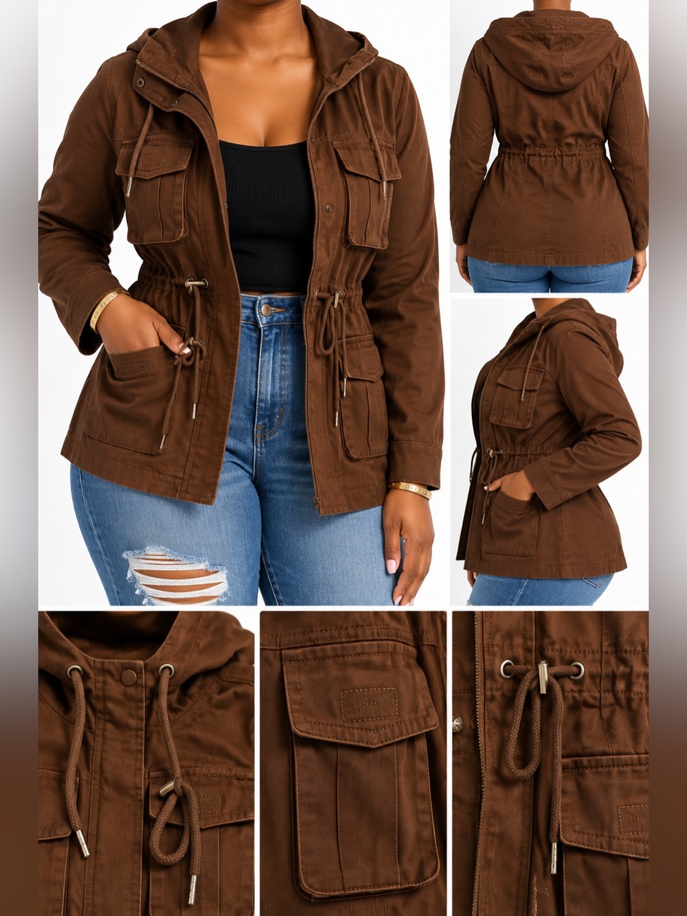 Brown Hooded Utility Jacket - Women
